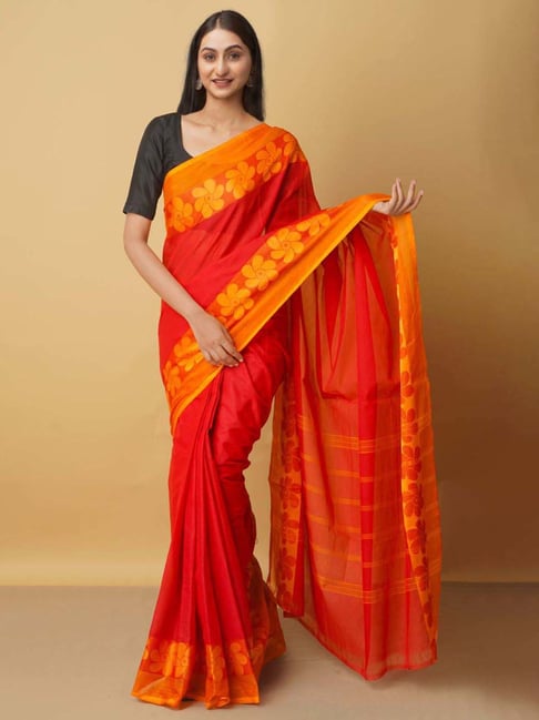 Unnati Silks Red Cotton Woven Saree With Unstitched Blouse Price in India