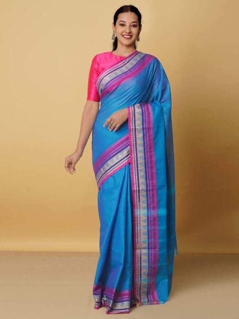 Unnati Silks Blue Cotton Woven Saree With Unstitched Blouse Price in India