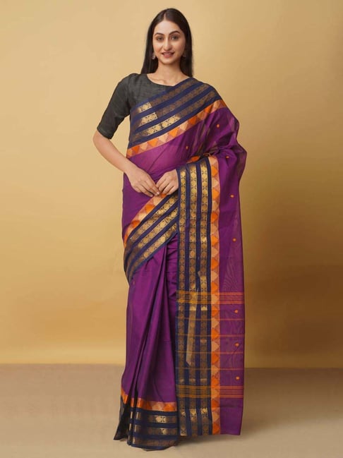 Unnati Silks Purple Cotton Woven Saree With Unstitched Blouse Price in India