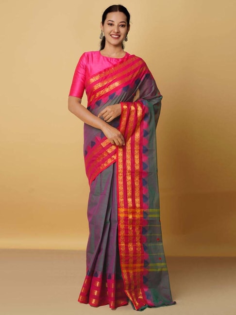 Unnati Silks Purple & Grey Cotton Woven Saree With Unstitched Blouse Price in India