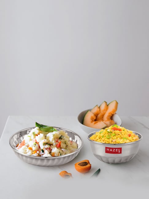 HAZEL Silver Stainless Steel Serving Dessert Plate Bowl Set of