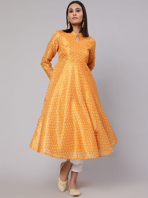 Aks Yellow Printed A Line Kurta