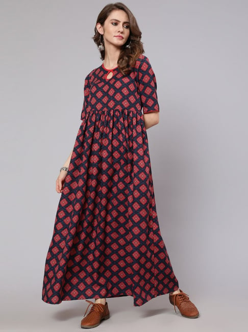 Aks Maroon Printed Maxi Dress