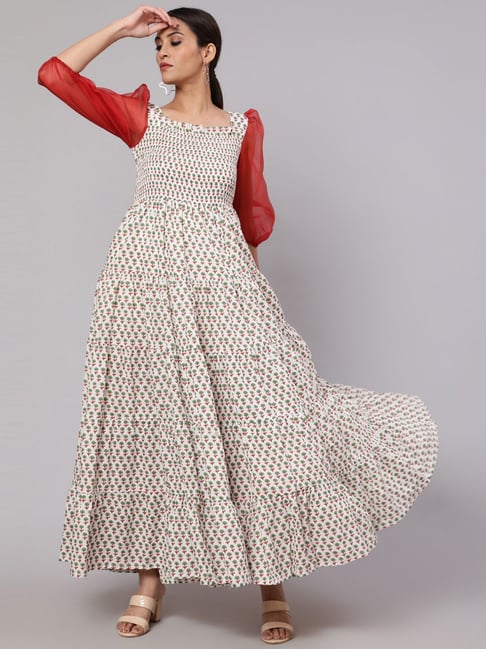 Aks White Cotton Printed Maxi Dress