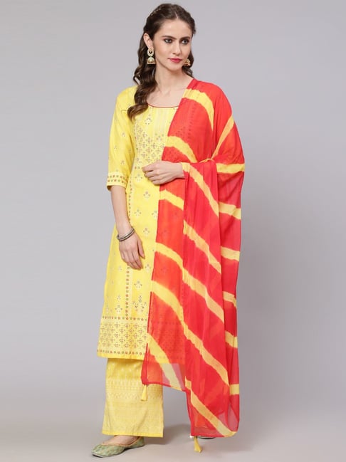 Aks Yellow Printed Kurta Palazzo Set With Dupatta