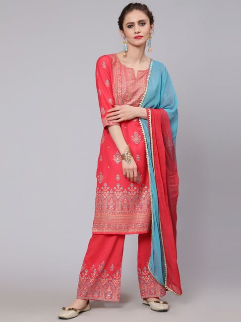 Aks Red Printed Kurta Palazzo Set With Dupatta