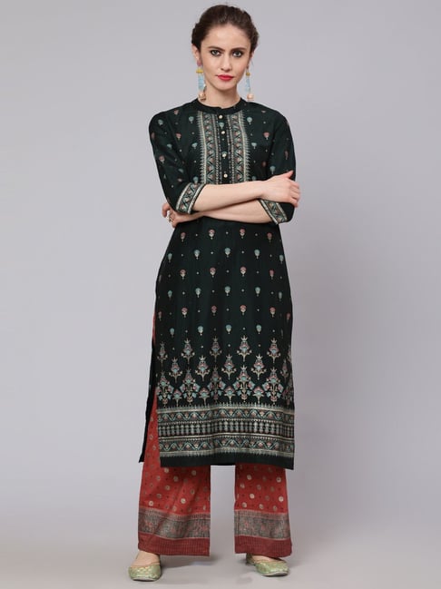 Aks Green & Red Printed Kurta Palazzo Set