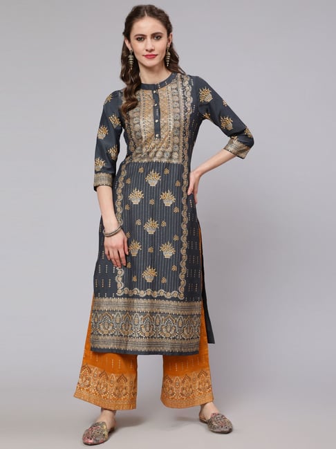 Aks Grey & Yellow Printed Kurta Palazzo Set