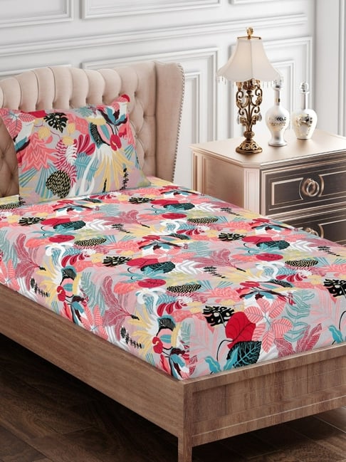 SEJ by Nisha Gupta Floral Pink 144 TC Cotton Single Bed Sheet with 1 Pillow Cover-picture-18