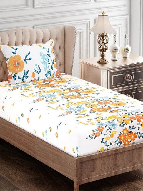 SEJ by Nisha Gupta Floral Brown 160 TC Cotton Single Bed Sheet with 1 Pillow Cover