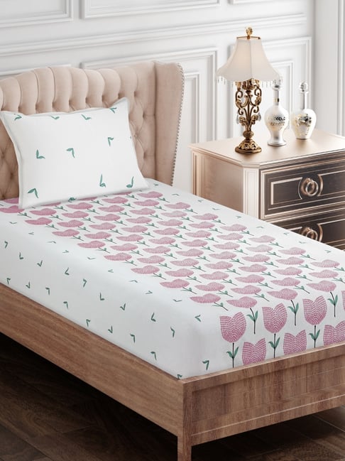 SEJ by Nisha Gupta Floral Pink 144 TC Cotton Single Bed Sheet with 1 Pillow Cover-picture-19