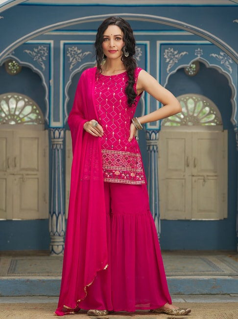 Juniper Pink Georgette Embroidered Kurta Sharara Set Price in India