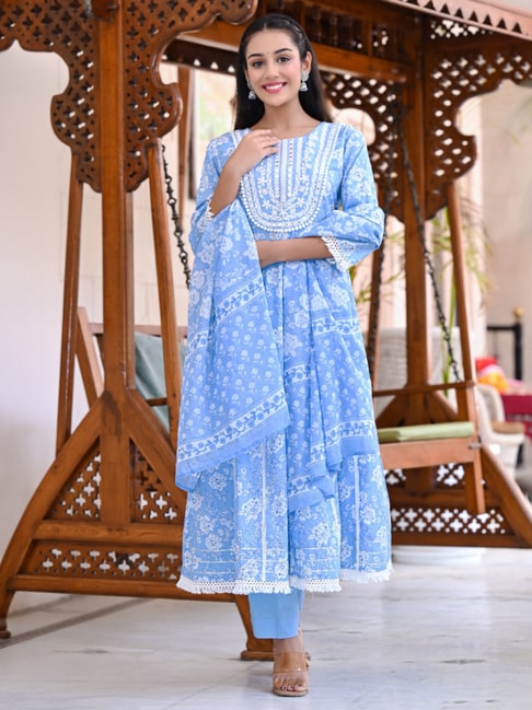 Juniper Blue Cotton Embroidered Kurta With Pant & Dupatta Price in India