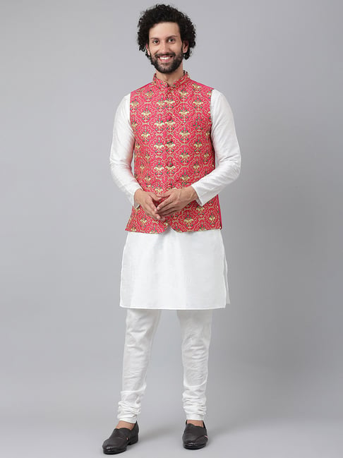 White Color Cotton Kurta Pajama With Nehru Jacket 993MW59