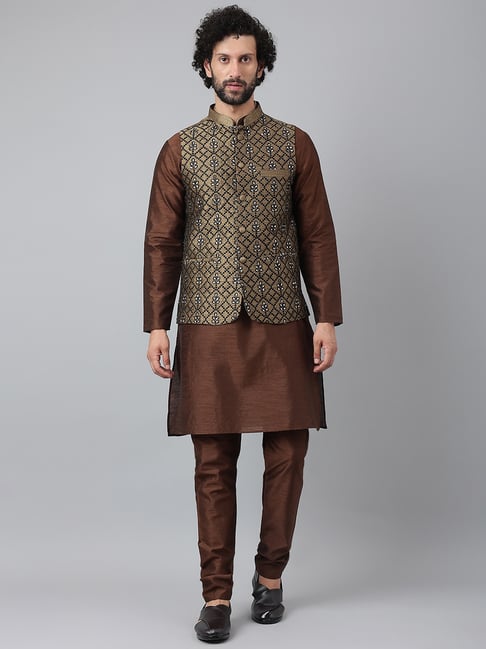 Buy Ajrakh Print Nehru Jacket Set- Yellow by THE PLUM BUM at Ogaan Market  Online Shopping Site