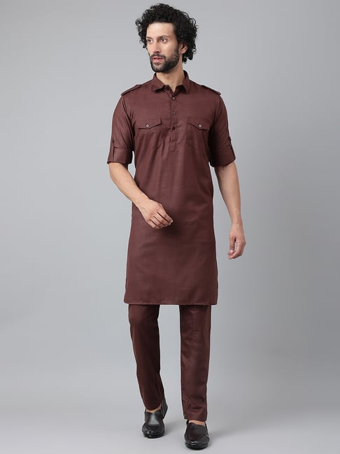 Hangup Brown Pathani Kurta With Pyjamas Set