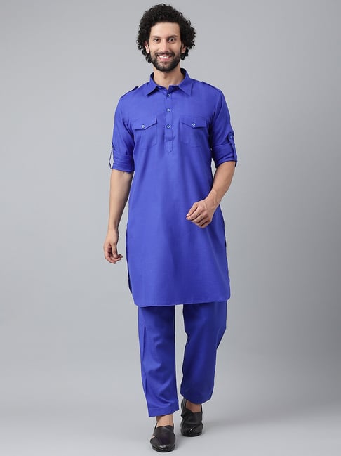 Buy Hangup Royal Blue Pathani Kurta With Pyjamas Set for Men s