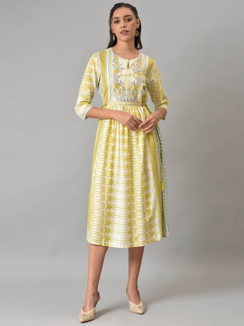 W Yellow Floral Print A-Line Dress Price in India