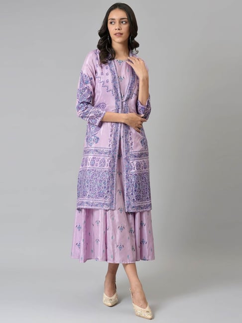 W Purple Printed A-Line Double Layered Dress Price in India