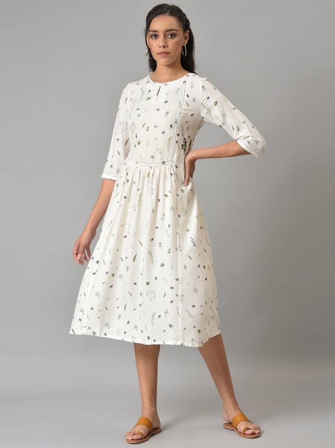 W White Floral Print A-Line Dress Price in India