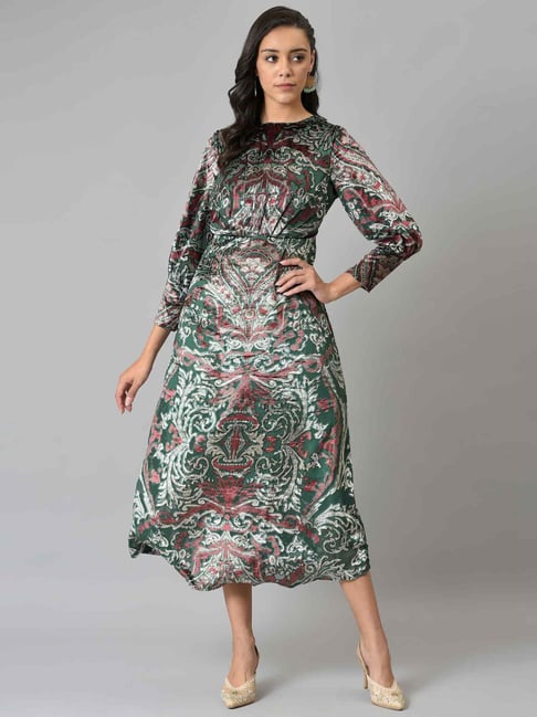 Wishful by W Green Floral Print A-Line Dress Price in India