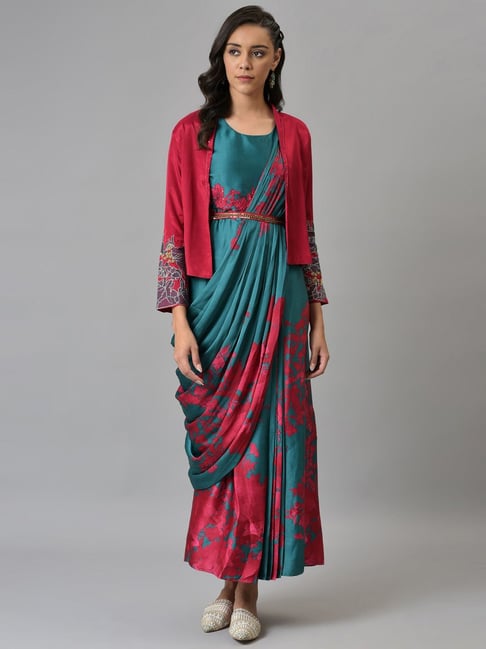 Wishful by W Teal Green Printed Maxi Dress With Jacket Price in India