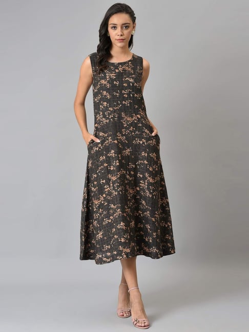 W Brown Cotton Floral Print A-Line Dress Price in India