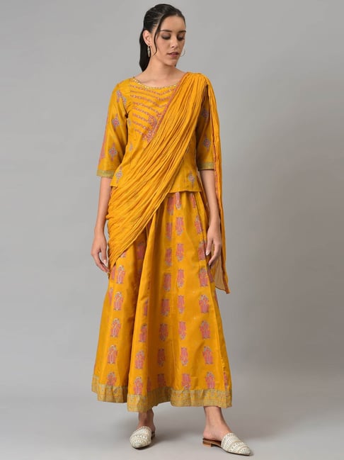 W Mustard Printed Tunic Palazzo Set With dupatta