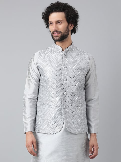Grey Embroidered Nehru Jacket Set – Karan Moin