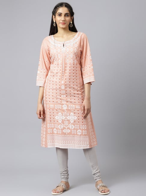 W Peach Printed A Line Kurta