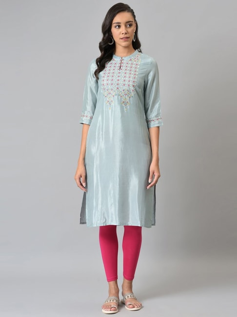 W Blue Embroidered Straight Kurta Price in India