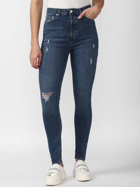 Forever 21 Blue Cotton Distressed Mid rise Skinny Fit Jeans