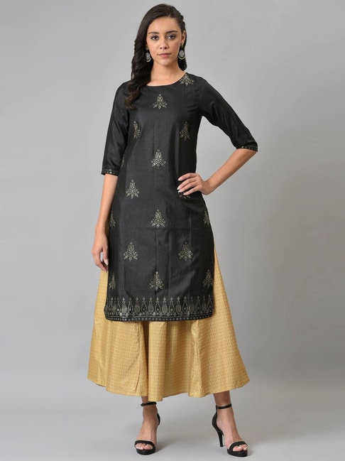 W Black Embellished Straight Kurta Price in India