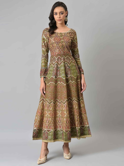W Olive Green Floral Print A Line Kurta Price in India