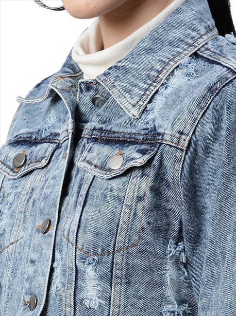 Buy Global Republic Mid Blue Cropped Denim Jacket for Women's