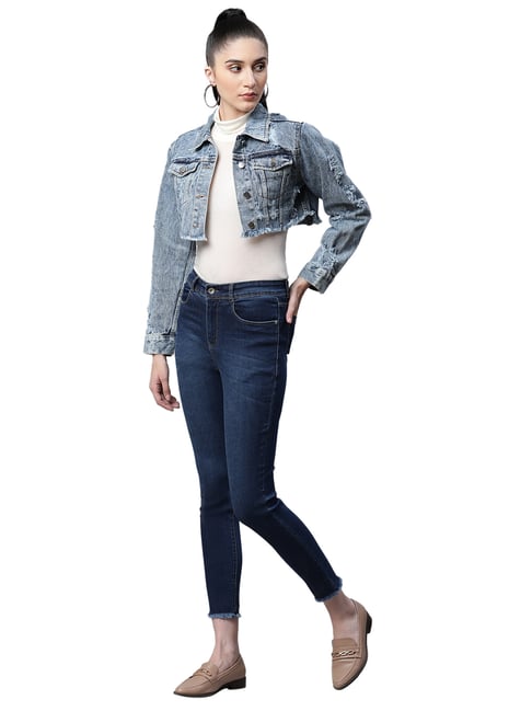 Buy Global Republic Mid Blue Cropped Denim Jacket for Women's