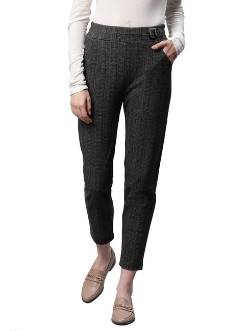 Global Republic Grey Striped Straight Fit High Rise Regular Trousers