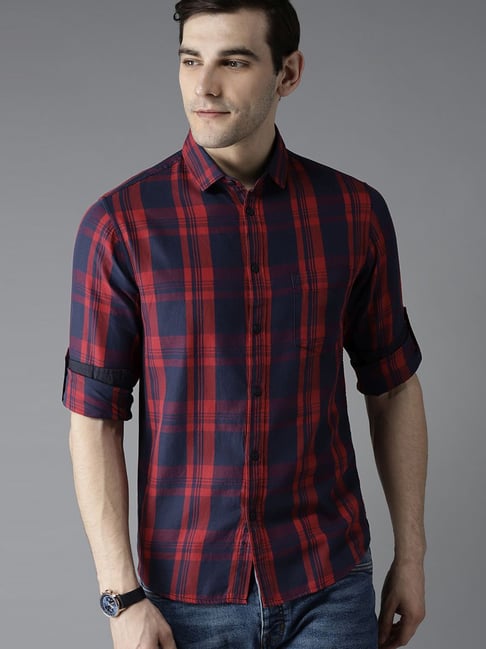 Dennis Lingo Red & Navy Cotton Slim Fit Checks Shirt-picture-15