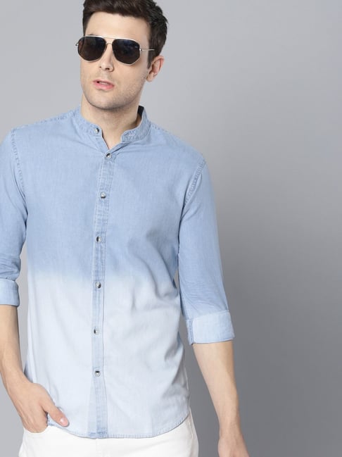 Dennis Lingo Blue Cotton Slim Fit Ombre Denim Shirt