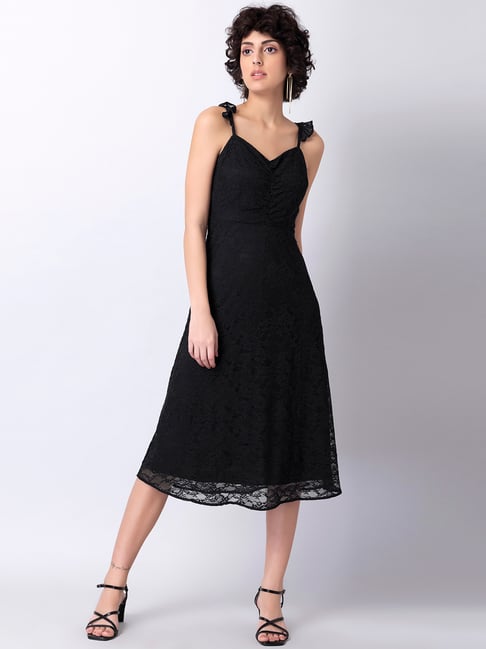 FabAlley Black Lace Ruched Midi Dress Price in India