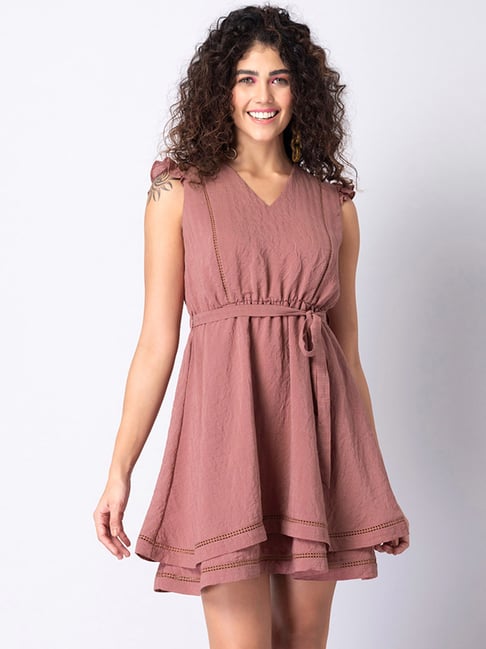 FabAlley Dusty Pink Trim Layered Skater Dress Price in India