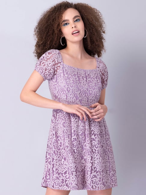 Buy FabAlley Lilac Lace Square Neck Trim Dress for Women's Online