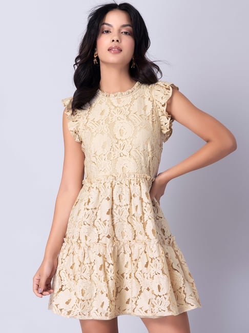 FabAlley Beige Floral Lace Frill Neck Tiered Dress Price in India
