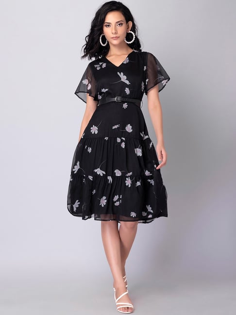 FabAlley Black Floral Ruffled Belted Dress Price in India