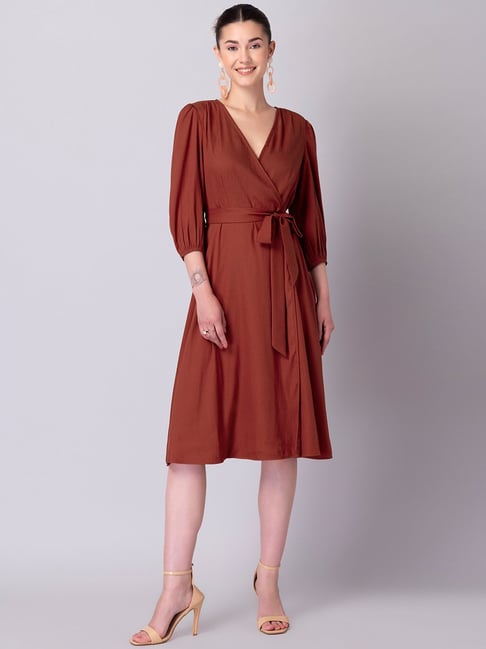 FabAlley Rust Puff Sleeve Belted Midi Dress Price in India
