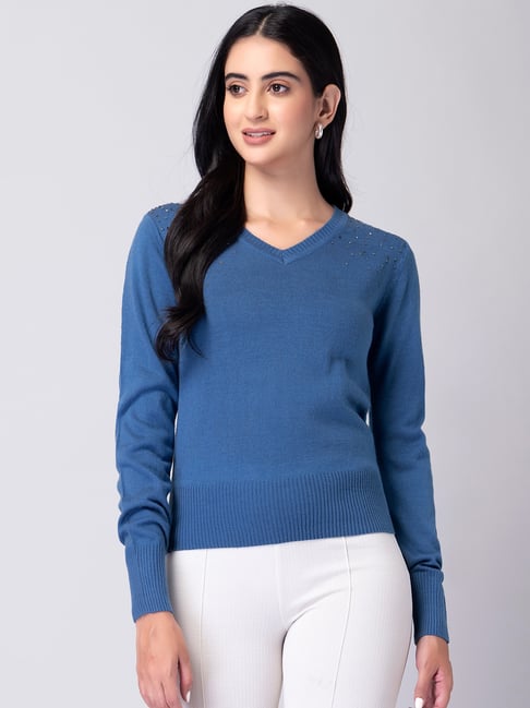 Buy FabAlley Blue Full Sleeve Sequin Sweater for Women's Online