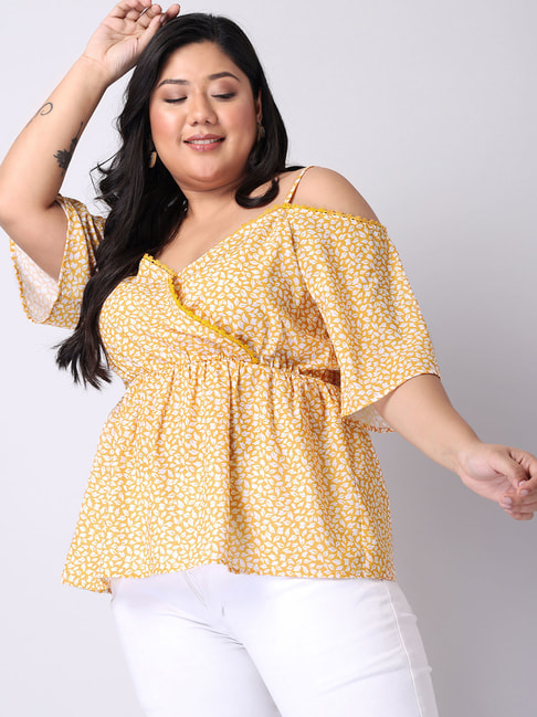 FabAlley Curve Mustard Floral Strappy Cold Shoulder Top Price in India