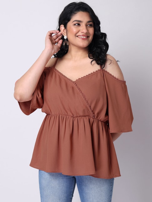 FabAlley Curve Brown Strappy Lace Trim Cold Shoulder Top Price in India