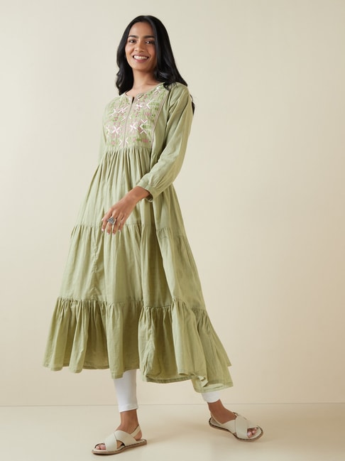 Utsa by Westside Light Olive Embroidered Tiered Kurta Price in India