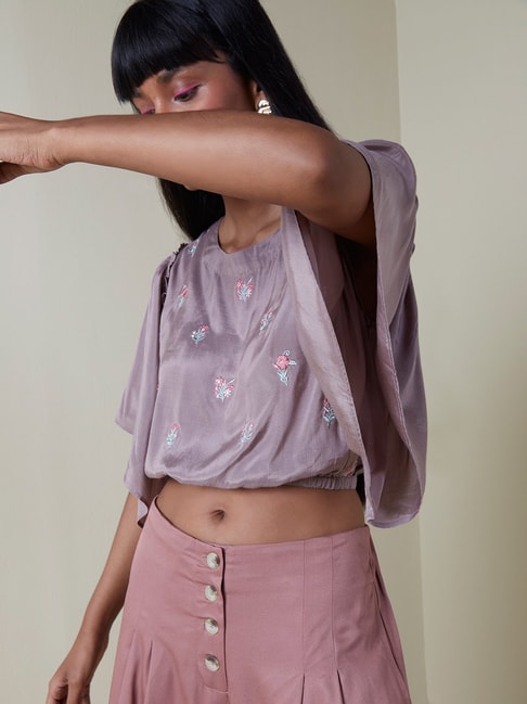 Bombay Paisley by Westside Taupe Floral-Embroidered Crop Top Price in India